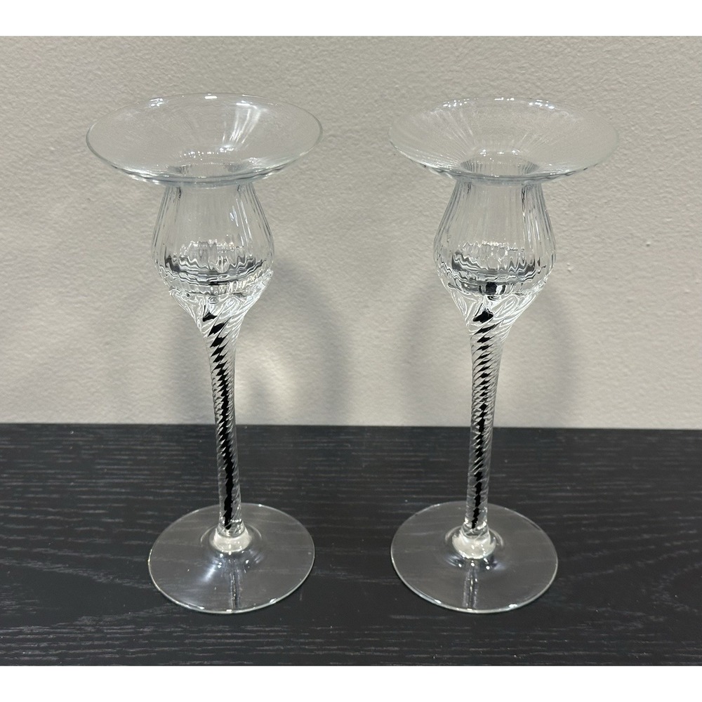Pair Vintage Handblown Crystalox Belfor Bohemia Candlesticks Black Ribbon Stem